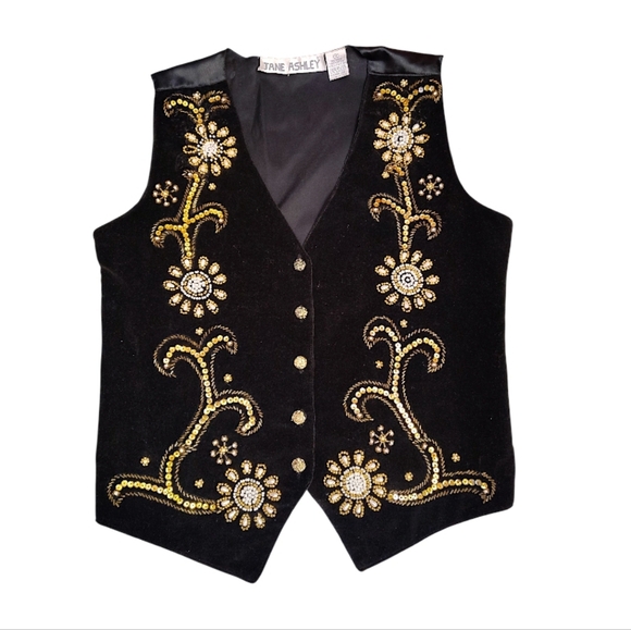 VTG 90s Black Gold Beaded Velvet Button Front Whimsigoth Vest Medium - Picture 3 of 15